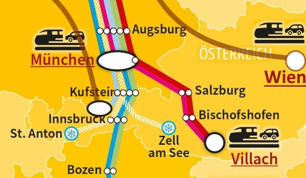 Autoreisezug nach Österreich (Villach, Innsbruck, Wien)